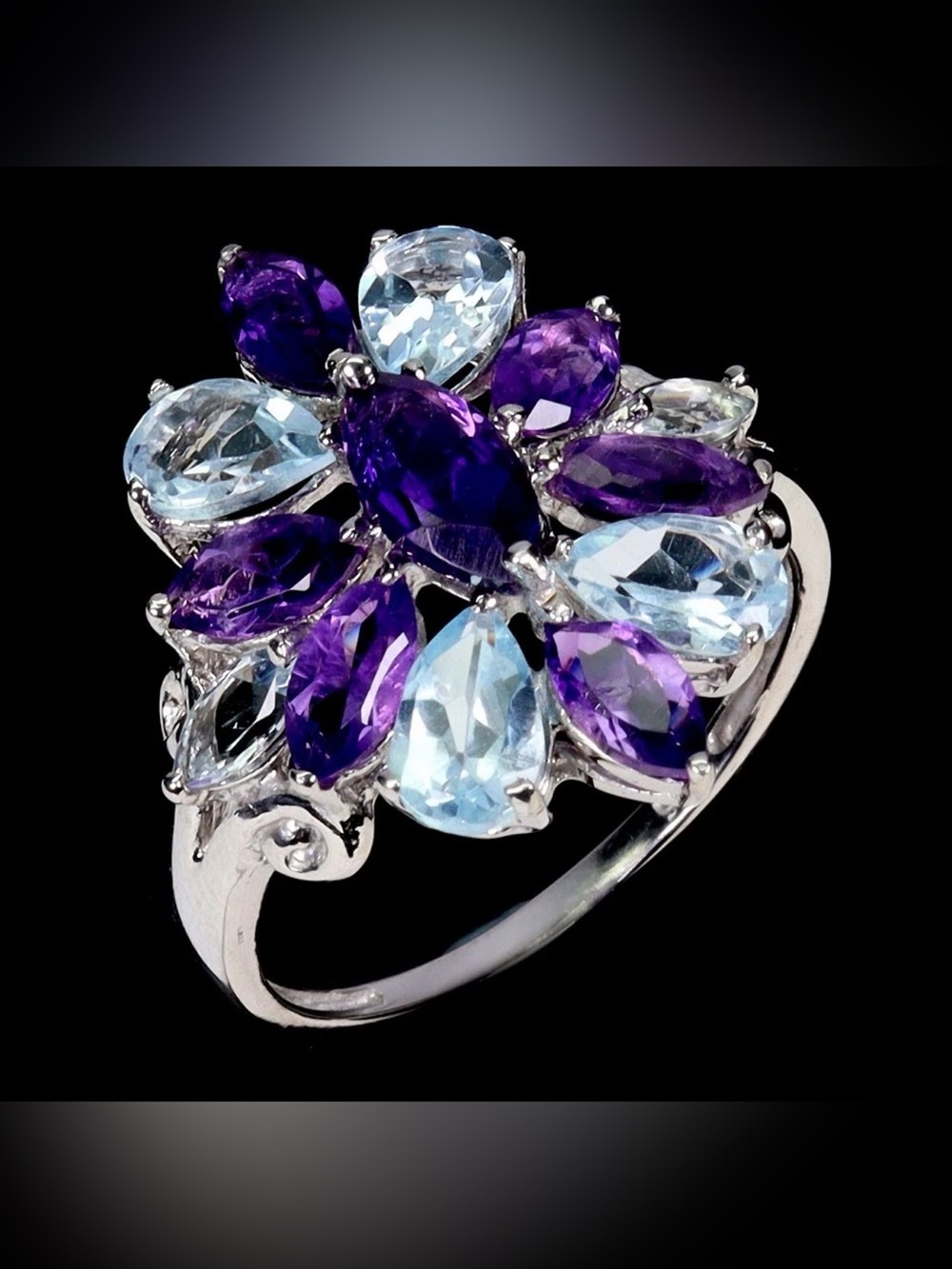Exquisite Natural Amethyst Aquamarine & Topaz Ring 925 Sterling Silver Ring Sz 8